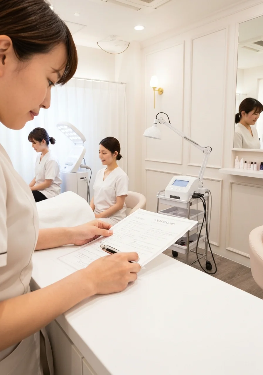 施術内容の違いを説明しながらカウンセリングシートを指さすスタッフ