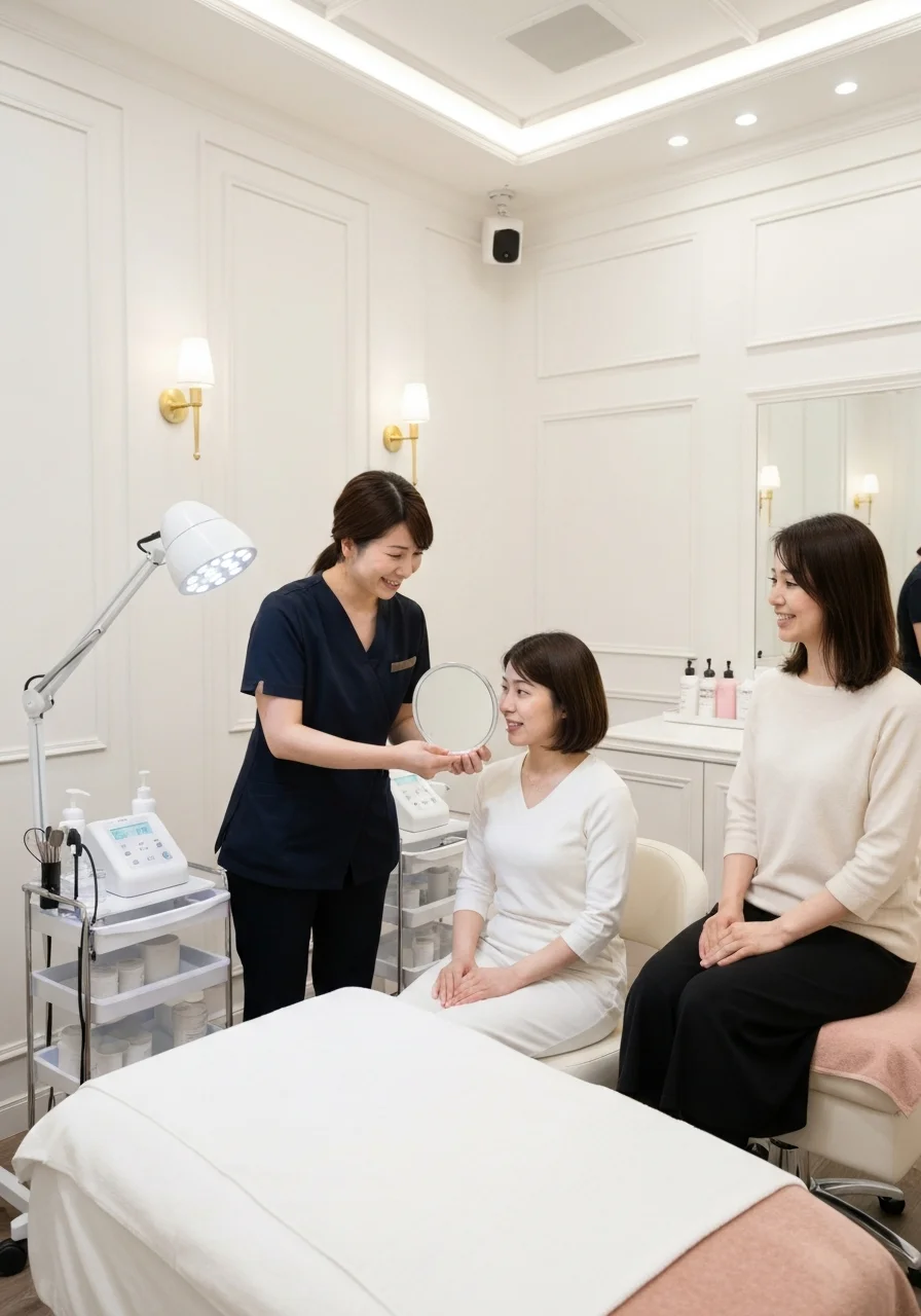 施術後に鏡を手渡し口元の変化を一緒に確認しているスタッフと来店者